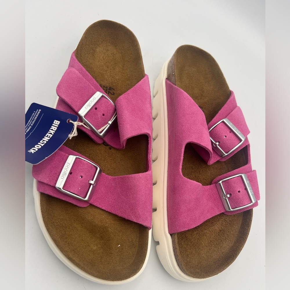 Papillio Birkenstock Arizona BigBuckle Fuschia Suede Platform Sandal SZ EU42 NEW - Picture 2 of 15